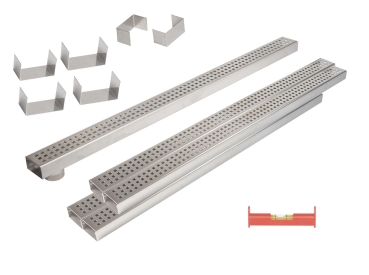 5er Rinnenset V2A superflach mit 1 Rinne mit Stutzen, 4 Rinnen geschlossen, 2 Endstücke, 4 Verbinder, 1 Dichtmittel, 1 Schnurwasserwaage